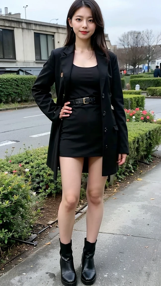 (8K、RAW Photos、Highest quality、masterpiece:1.2)、(Realistic、Realistic)、1 Girl、((Black coat、one piece、Black mini skirt、boots、Big Breasts、whole body、garden、View from the front、Looking into the camera、Stand with one hand on your hip))、