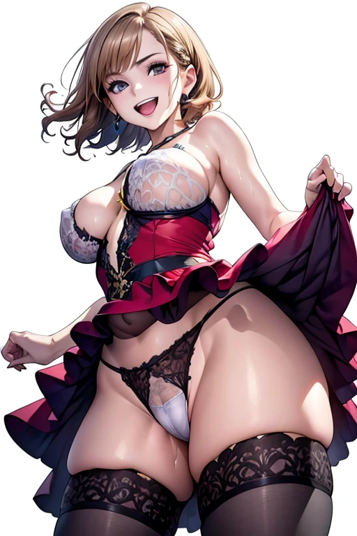 1 girl , brown color hair、Purplish black eyes that dreamers desire, (Blonde hair) , small stature, Colossal tits, Lori, (masutepiece:1.2, Best Quality), (finely detailed beautiful eye: 1.2), (beautifull detailed face), (Best Illumination, extremely delicate and beautiful), ((Cinematic Light)), Dramatic light, (Pale white background:1.5), Short bob hair(1:3)、Ultra Contrast、Braid a little around the ears, White long dress、only has 5 fingers、Her pussy is visible through the white thong、Wet pants、You can see inside your underwear、full of sweat、mocking look、diaper、nffsw,Arms crossed、grab the arm、Shoot from below,Best Quality、Large breastuscular pussy、Pubic hair,high-level image quality、hightquality、8K,perfect hand、5 fingers、finger pin、Perfect Finger、T back、Naked、noise cut、bullet hand、Her hair color should have been a brighter purple.The skirt part is also carefully expressed..、Purple skirt、the skirt is floating in the wind、Dark purple panties、Pubic hair majority,(with sparkling eyes and a contagious smile),open mouth,from above:1.2, highest quality, high resolution,Real World, Natural light,perfect Natural light, Looking at Viewer,