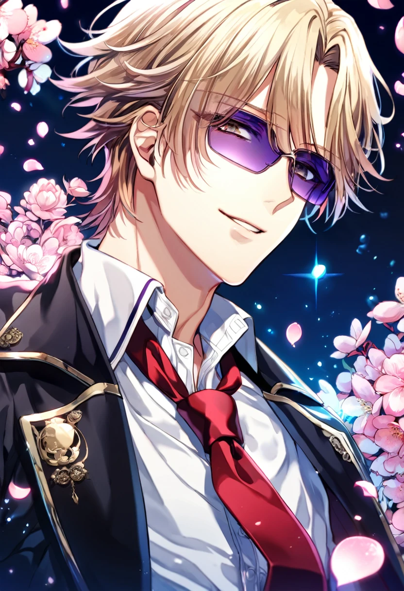 Ultra detailed, highres, absurdres, HDR, master piece, Kusanagi Izumo, short hair, dark blonde hair that has bangs hanging on the left side, without bangs, expressivee hazel eyes, black jacket, white shirt, red necktie, purple rectangle sunglasses, K Project, fantasy, pink petals, water, pink flowers, handsome, sexy man, solo, magical, best quality, blossoms, handsome smile, blue shining fireflies