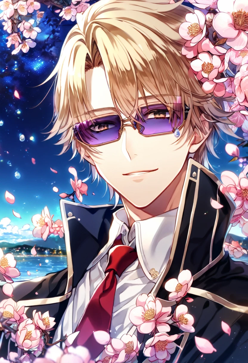Ultra detailed, highres, absurdres, HDR, master piece, Kusanagi Izumo, short hair, dark blonde hair that has bangs hanging on the left side, without bangs, expressivee hazel eyes, black jacket, white shirt, red necktie, purple rectangle sunglasses, K Project, fantasy, pink petals, water, pink flowers, handsome, sexy man, solo, magical, best quality, blossoms, handsome smile, blue shining fireflies