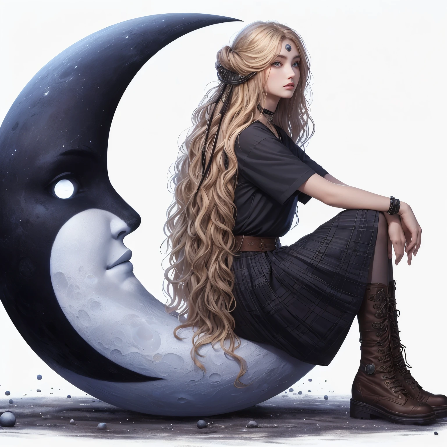realism, Moon Queen sitting on a crescent moon 8k resolution, solo, long blonde drill hair, Viking ringlets, skirt, yin yang symbol, simple background, brown hair, shirt, black hair, tall sox, white background, blue eyes, boots, black highs, black footwear, tall boots, crossed arms, t-shirt