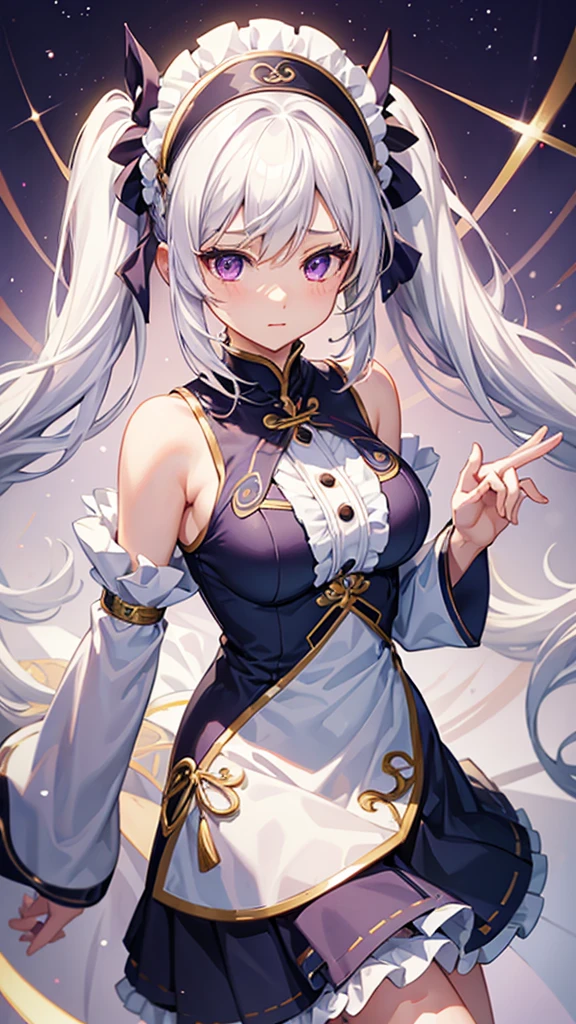 1girl, 1boy, hand on crotch, glowing eyes, hair ornament, detailed, horns, white hair, long hair, messy hair, twintails, heart shaped pupils, cum, cowgirl position, girl on top, sex, pov, small breasts , small penis, cum, white dress 