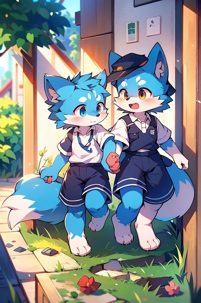 Blue fur, Canine, fox motif, Couple of girls and boys, uniform、Holding hands，