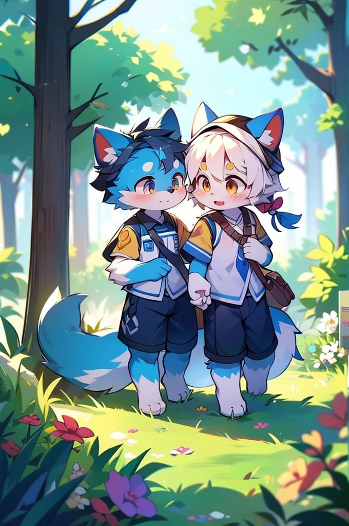 Blue fur, Canine, fox motif, Couple of girls and boys, uniform、Holding hands,