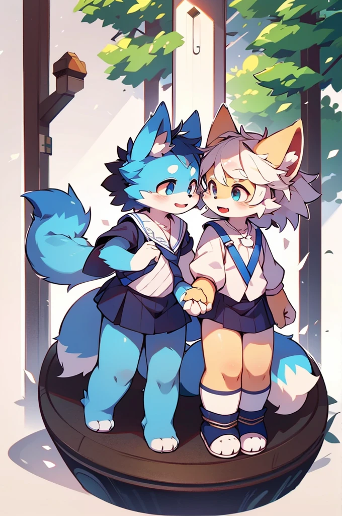 Blue fur, Canine, fox motif, Couple of girls and boys, uniform、Holding hands,