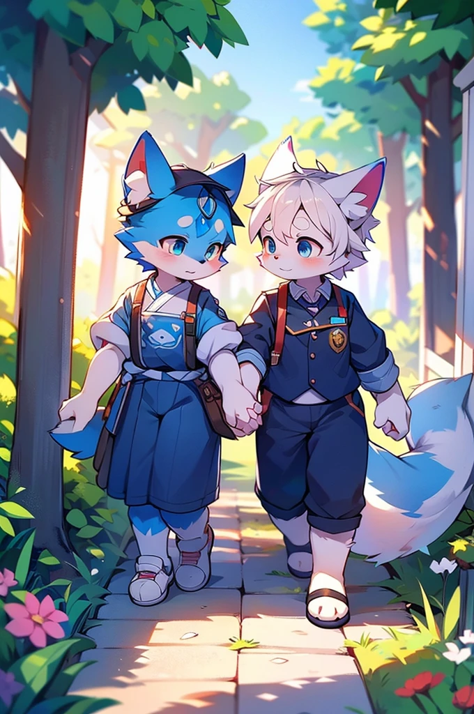 Blue fur, Canine, fox motif, Couple of girls and boys, uniform、Holding hands,