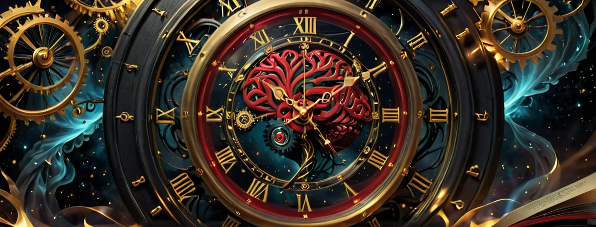 A high-resolution image black, red and golden color. featuring a detailed clock intertwined with elements symbolizing time and the brain. The clock’s gears and hands are intricately designed, partially merging with a human brain, where neurons are visibly firing. Surrounding the clock and brain are books, floating in mid-air, their pages turning as if moved by an unseen force. Energy particles, glowing softly, swirl around the scene, adding a touch of magic. The background is an ethereal, soft-lit space, enhancing the mystical and intellectual atmosphere.
