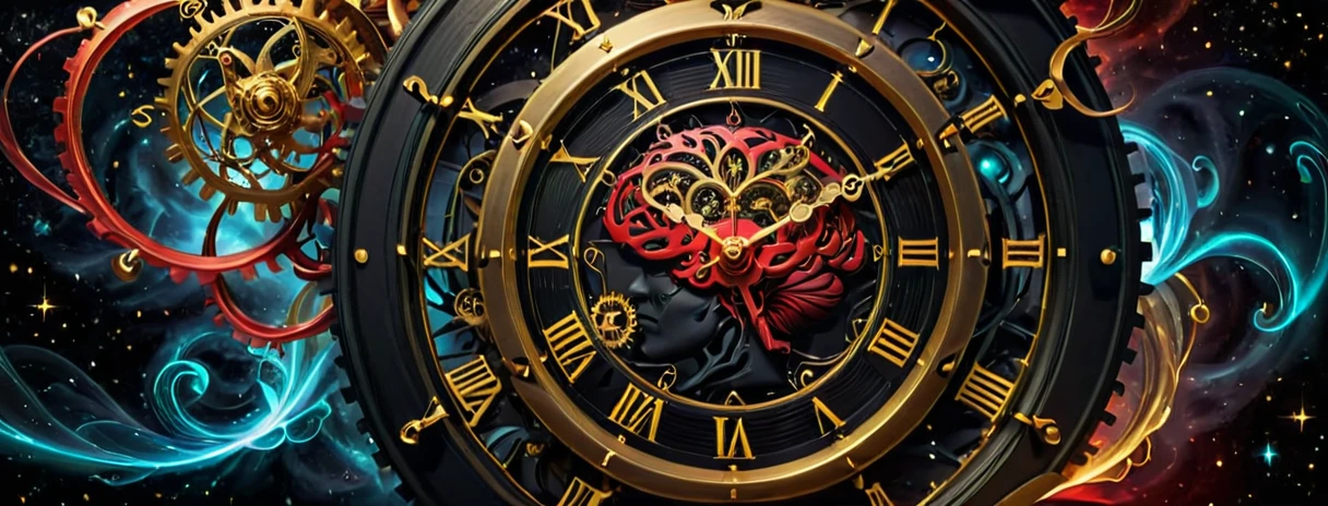 A high-resolution image black, red and golden color. featuring a detailed clock intertwined with elements symbolizing time and the brain. The clock’s gears and hands are intricately designed, partially merging with a human brain, where neurons are visibly firing. Surrounding the clock and brain are books, floating in mid-air, their pages turning as if moved by an unseen force. Energy particles, glowing softly, swirl around the scene, adding a touch of magic. The background is an ethereal, soft-lit space, enhancing the mystical and intellectual atmosphere.