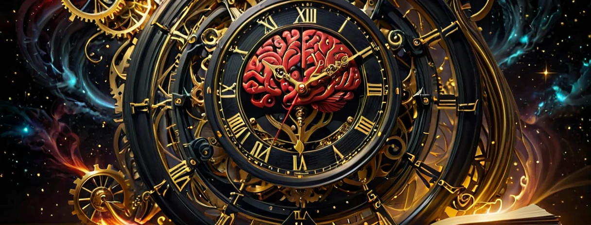 A high-resolution image black, red and golden color.  featuring a detailed clock intertwined with elements symbolizing time and the brain. The clock’s gears and hands are intricately designed, partially merging with a human brain, where neurons are visibly firing. Surrounding the clock and brain are books, floating in mid-air, their pages turning as if moved by an unseen force. Energy particles, glowing softly, swirl around the scene, adding a touch of magic. The background is an ethereal, soft-lit space, enhancing the mystical and intellectual atmosphere.