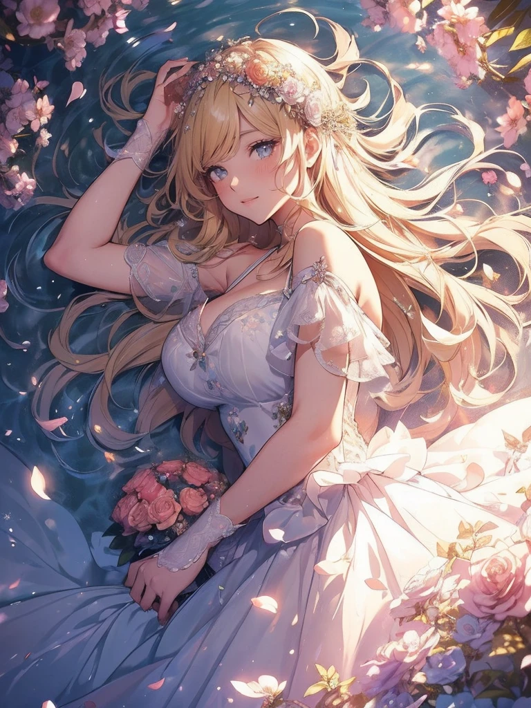 最high quality、1 beautiful woman, ((sleep on your back,)) whole body、Straight、Straightに足を伸ばす、With lots of flowers、Sleeping in the river、buryされる姿勢、ophelia、View from the front、Lying down in the river、whole bodyをwaterに浸している、Wet、water、waterの上で仰向けにこちらをみる、Beautiful thighs、Filled with red roses、 E.G: Worst quality ,flower fractal fine art、Fill the screen with flowers、Bigger on the screen、Lie on your back and face this way、Beautiful Eyes、lie on flower,s Water, Sleeping Princess、Fairy tale、Märchen Beautiful Eyes,High-definition depiction, Realistic, 8K, Unity, , light smile, Beautifully and vividly drawn, , Beautiful, beautiful, clear skin、sexly see-through white dress ,sexly 、see-through dress,Ecstasy、 両手でWith lots of flowers、bouquet, a large number of varieties of flowers、Mr.々なFarbeの花、bury、ophelia、 Romanticism,mosquito。 The most beautiful form of chaos, Mr..々Farbe, Intertwined flowers, P article,Magical gentle light,smile,sexy,image quality、masterpiece、Beautiful Face、Super beautiful woman((Big breasted 22 year old office lady、Bust 100,Beautiful long ironed hair、Blonde Hair、height: 165cm。、sexy、Esbian、high quality、、Visual Arts、最high quality、1 woman E.G: Worst quality ,Flower fractal art、、Beautiful radiance,High-definition depiction, Realistic, 8K, Unity, , light smile, Beautifully and vividly drawn, , Beautiful, beautiful, clear skin、sexly ((see-through dress,))Countless rays of light pouring down, Swirling Light, , Raise one arm above your head, Intense light is emitted from the magic flower circle front of the girl. Romanticism,: The most beautiful form of chaos, Mr..々Farbe, Intertwined flowers, Particle,magical gentle light,smile,sexly,image quality、masterpiece、Beautiful Face、Super beautiful woman((Big breasted ,Beautiful 、sexly、Esbian、、high quality、Visual art、Written boundary depth、、universe、Happy smile、、、elegant、ticker beautiful decorative、、magic、、Beautiful 、A kind smile、wonderful、Fluttering petals、、Cultivate fantasy、、Mystery light Lots of flowers、、art、art,mystery,Ultra-high resolution,atmosphere 最high quality、((sleep on your back on Water))Open your mouth a little、sexyな口、buryされる姿勢