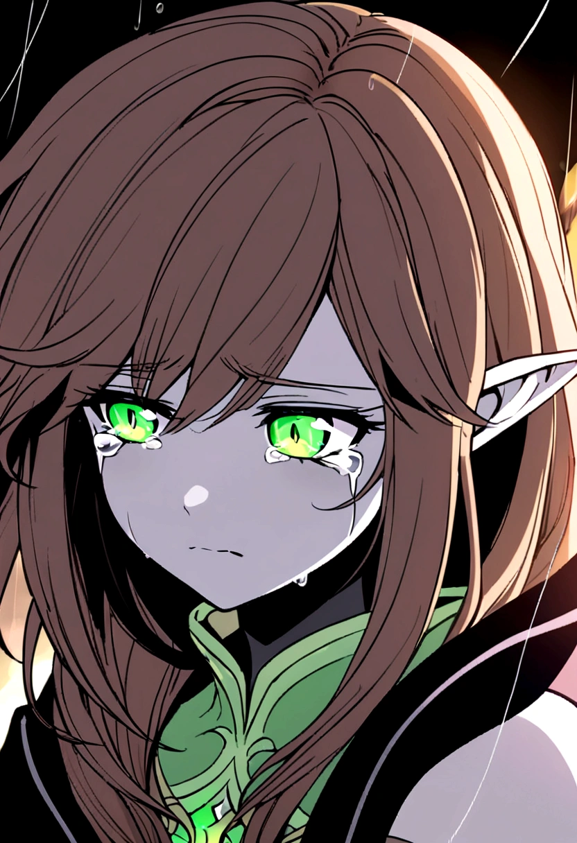 Young elven woman, pale skin, brown hair, green eyes, black short clothes, small, dark fantasy, long ears, bladedancer, sad, rain, sideview, crying