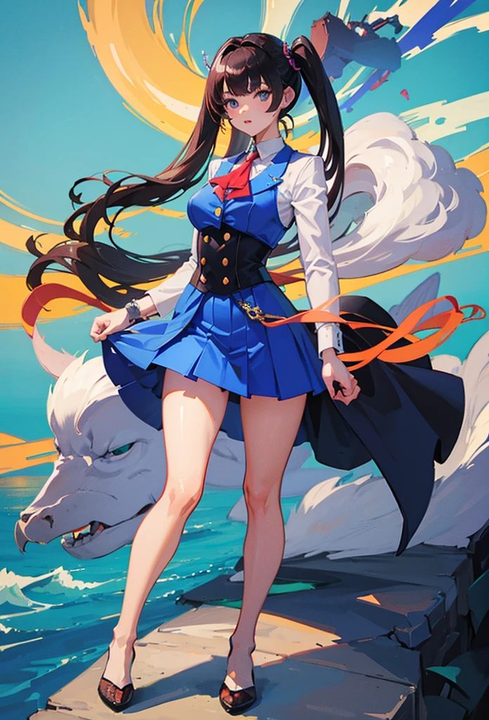 Close-up of woman in skirt and suit, anime full Body illustration, Maya Fei in Ace Attorney, Flat anime style, full Body with costume, anime vtuber full Body model, anime woman fullBody art, full Body!!, Women, female anime character, full Body!, full_Body!!, full Body illustration, full Body details