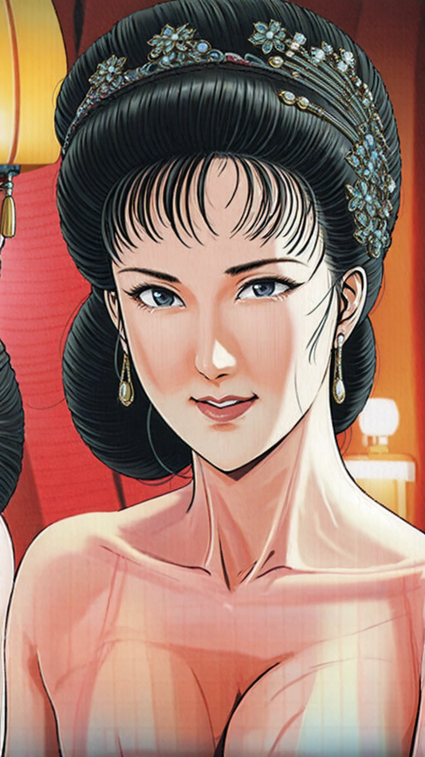 (best quality), (very aesthetic), (ultra-detailed), (best illustration),(a mature female),(perfect face),Suikoden,Mrs. Lin,((())),((full_body)),(()),(crying),Covers mouth with right hand,red cheek,sweating,skinny,flushed skin,(hairly)WHAT,(resting the back of her head on a pillow),(She is lying on her back completely ),traditional Chinese bedroom,She spreads her  wide with her fingers