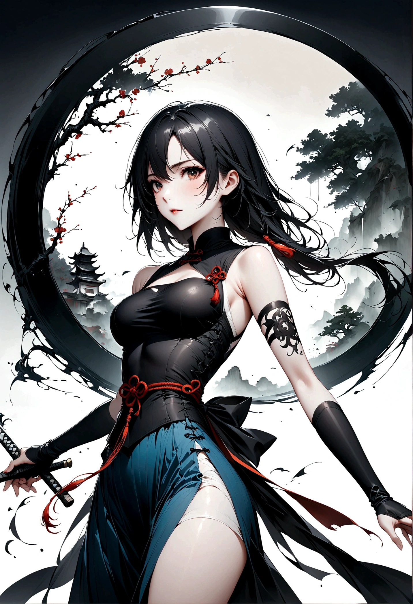 芸術的なInk Painting，立体的なInk Painting，Minimalism，Minimalist Graphic Art，Anime Girls，whole body，Chinese style，Ancient，Ink Painting，Chinese style衣装，Long black hair，Black and white background，古韵blank，blank，大面积blank，Texture Matte，Low saturation，Minimalist Composition，Master Composer