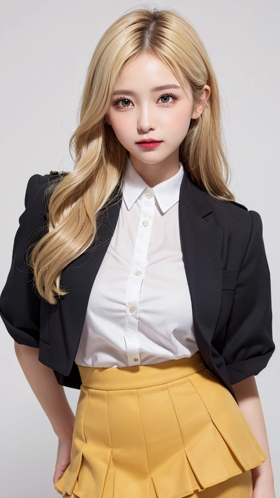 (((forehead、Blonde、Northern Europe、White people、beautiful girl、Blonde、White background、Idol、uniform、mini skirt)))、table top, highest quality, figure, super detailed, finely, High resolution, 8k wallpaper, Perfect dynamic composition, detailed and beautiful eyes, Deco out,bionde, medium hair, super big breasts, Natural color lip,white background, random cute poses,frill dress