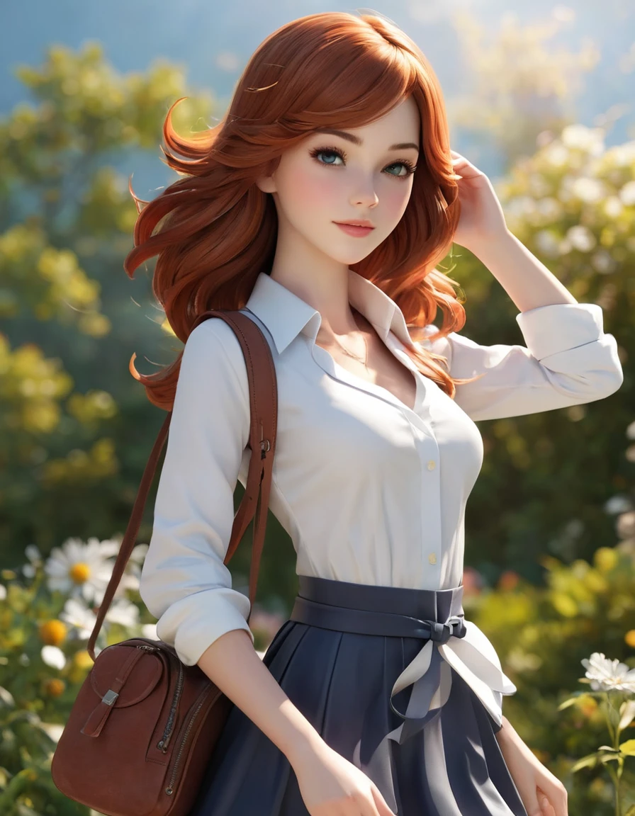 Personnage 3D de l'animation Disney, style pixar,tout le corps,Marcher joyeusement à pas exagérés,Pull doux gris et pantalon en fourrure,arc rouge,Avec des tresses,chaussures blanches,fond propre.éclairage cinnamique, tracé laser, détails élevés, rendu 3D ,Vignette d'arrière-plan