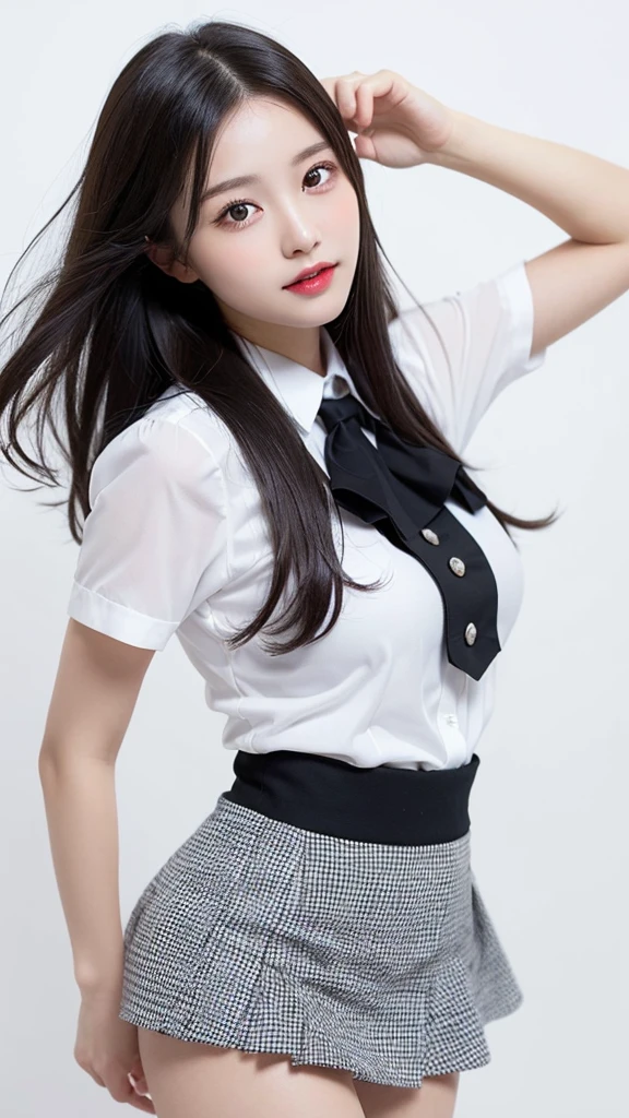 (((forehead、Northern Europe、White people、beautiful girl、Black Hair、White background、Idol、uniform、mini skirt)))、table top, highest quality, figure, super detailed, finely, High resolution, 8k wallpaper, Perfect dynamic composition, detailed and beautiful eyes, Deco out,bionde, medium hair, super big breasts, Natural color lip,white background, random cute poses,frill dress