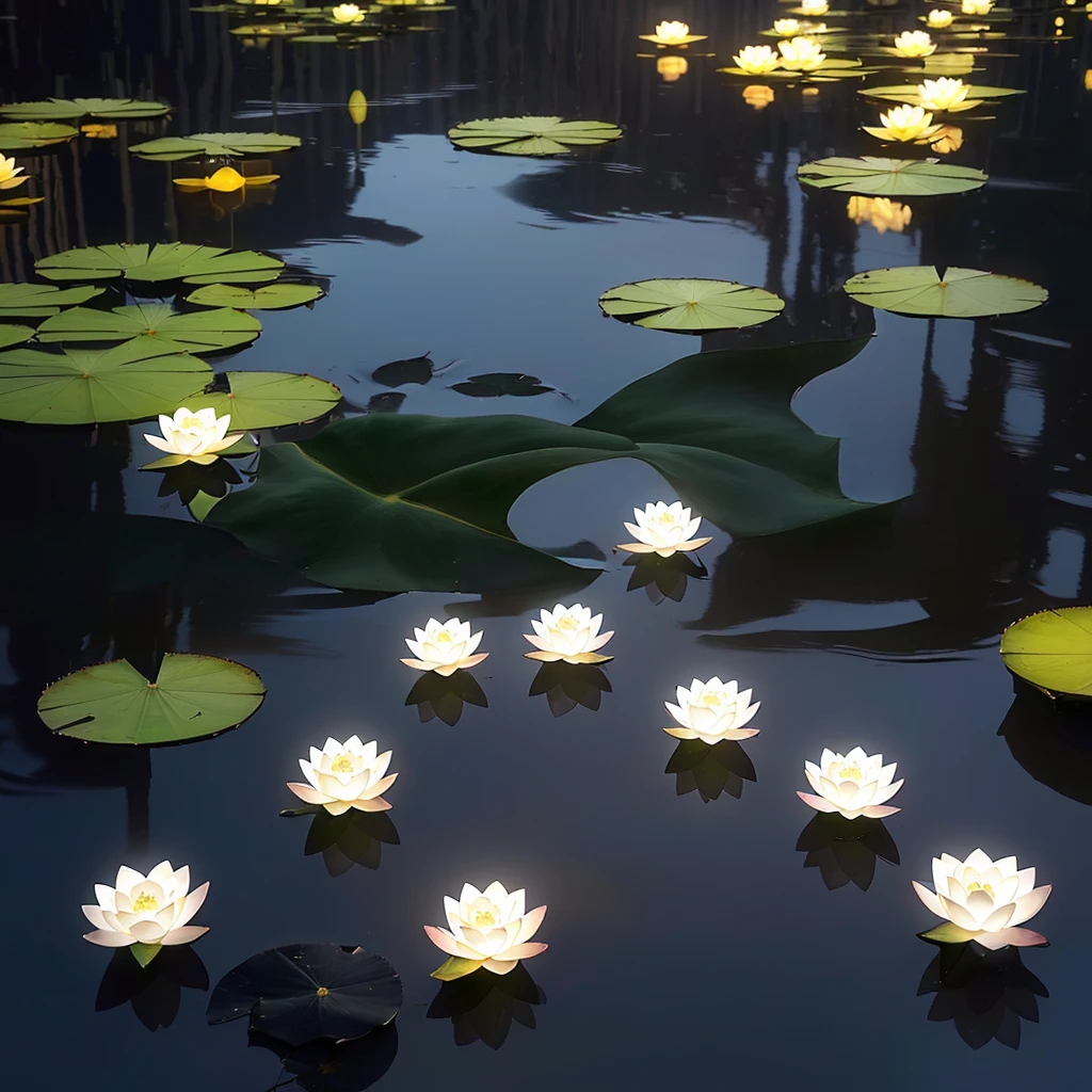 Many water lilies floating in the pond,A pagoda in the background, Beautiful Lights, 晚lantern, peaceful的夜晚氛围, peaceful的灯光, author:Ju Lian, author:Ma Yuanyu, lantern, Wuzhen, Beautiful Ambience, peaceful的氛围, Beautiful lighting, lotus, Quiet and peaceful atmosphere, 放水lantern, floating lights, peaceful