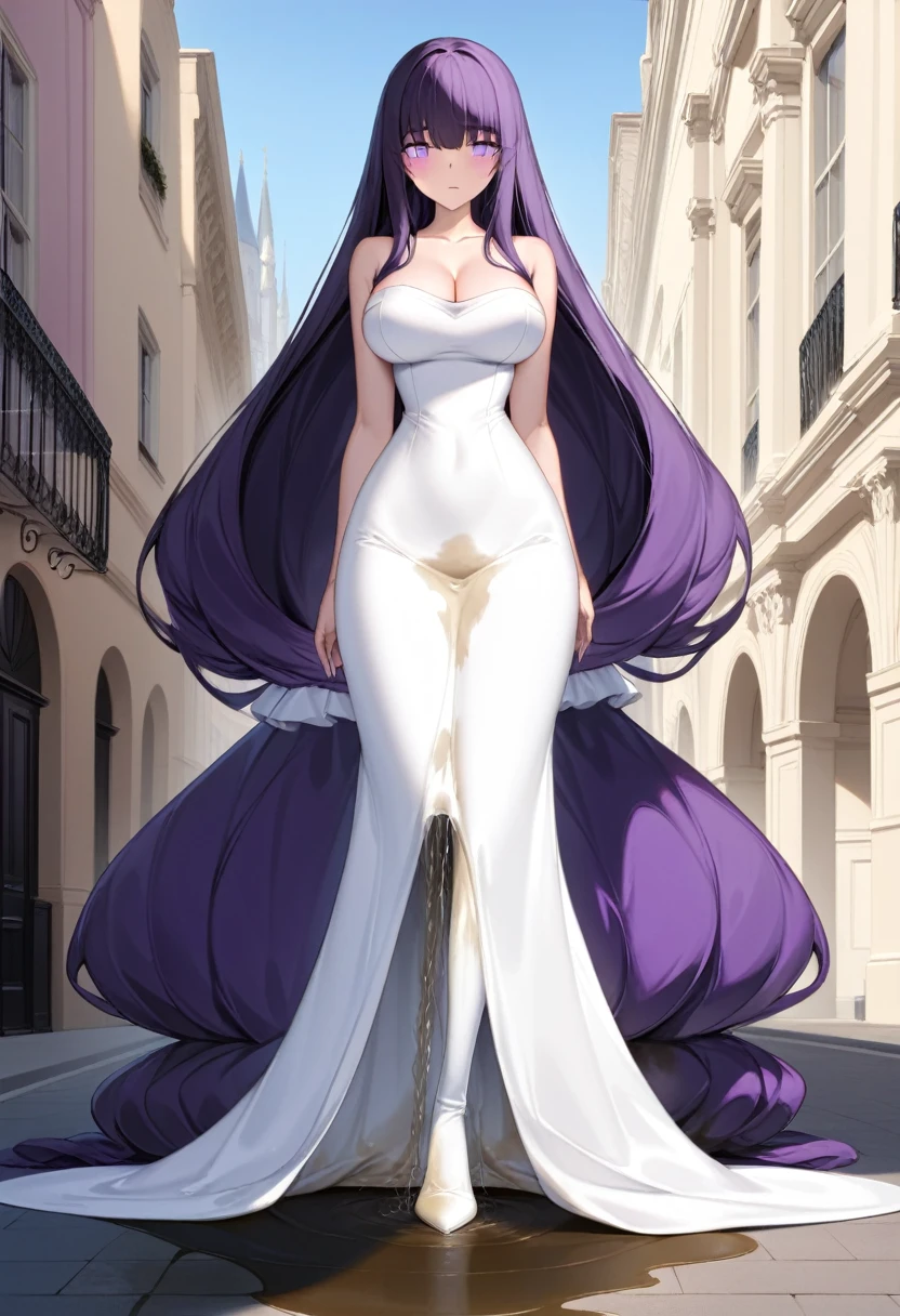 (masterpiece:1.37), best quality, (extremely detailed:1.37) woman, (adult:1.5), (very long hair:1.5), dark purple hair, purple eyes, (extremely detailed eyes:1.37), breasts, (very long dress:1.5), (very tight dress:2.0), white dress, (wetting herself:2.0), standing straight, full body day, daytime, glow, facing viewer, perfect composition, full body, city, street