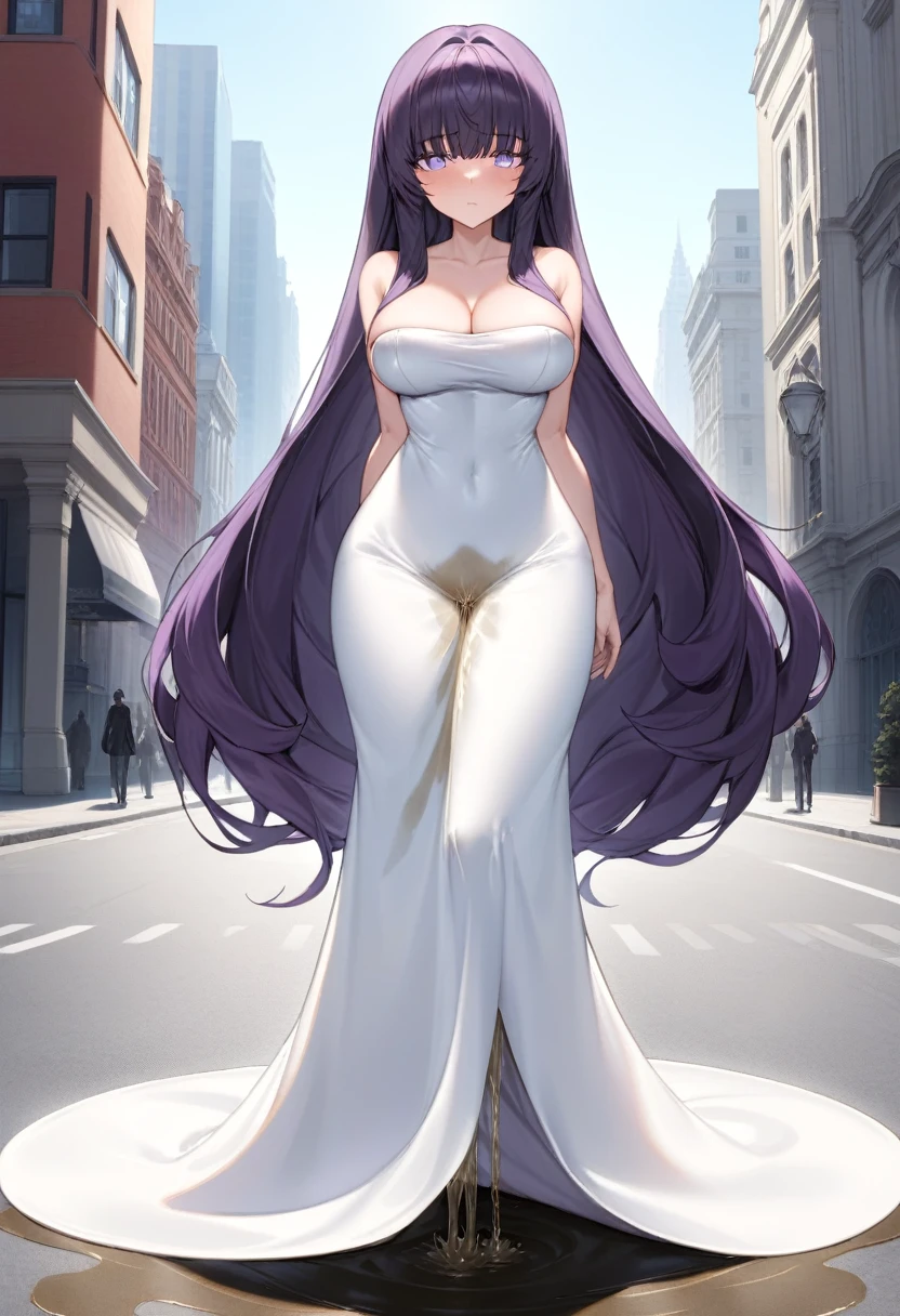 (masterpiece:1.37), best quality, (extremely detailed:1.37) woman, (adult:1.5), (very long hair:1.5), dark purple hair, purple eyes, (extremely detailed eyes:1.37), breasts, (very long dress:1.5), (very tight dress:2.0), white dress, (wetting herself:2.0), standing straight, full body day, daytime, glow, facing viewer, perfect composition, full body, city, street