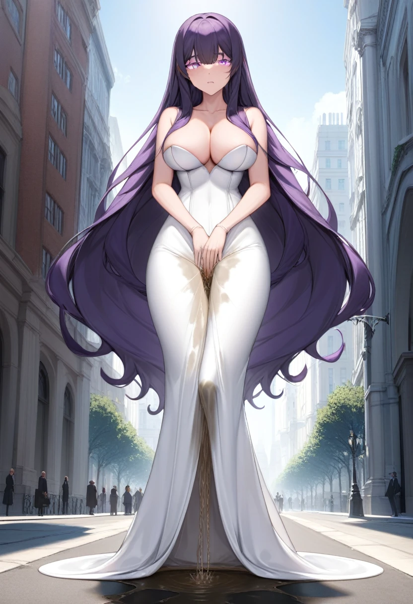 (masterpiece:1.37), best quality, (extremely detailed:1.37) woman, (adult:1.5), (very long hair:1.5), dark purple hair, purple eyes, (extremely detailed eyes:1.37), breasts, (very long dress:1.5), (very tight dress:2.0), white dress, (wetting herself:2.0), standing straight, full body day, daytime, glow, facing viewer, perfect composition, full body, city, street