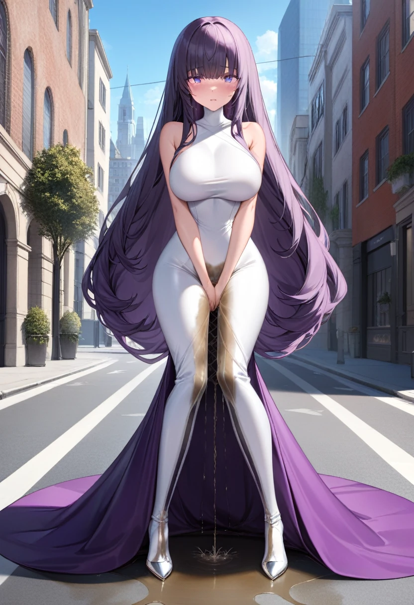 (masterpiece:1.37), best quality, (extremely detailed:1.37) woman, (adult:1.5), (very long hair:1.5), dark purple hair, purple eyes, (extremely detailed eyes:1.37), breasts, (very long dress:1.5), (very tight dress:2.0), white dress, (wetting herself:2.0), standing straight, full body day, daytime, glow, facing viewer, perfect composition, full body, city, street