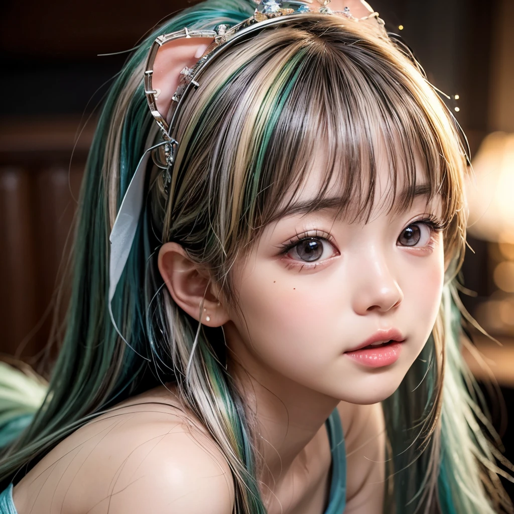 NSFW, 8k, High-level, absurd, masterpiece, best quality, primitive, very detailed CG, very detailed wallpaper, perfect lighting, Extremely detailed (((The personifying " Lum in Urusei Yatsura " as a ))), MysticSight, Tyndall effect, Tyndall scattering, Studio gray background with (many Dazzling RainbowColor particles BokeH:1.28), (RoundlyButts, ThighGap), (Exposed:0.4), (Assfocus with looking ahead), BREAK (NOGIZAKA face variations) Extremely Detailed very KAWAII face variations, perfect anatomy, Childish, captivating gaze, elaborate detailed Eyes with (sparkling highlights:1.28), long eyelashes、Glossy RED Lips with beautiful details, Coquettish tongue, Rosy cheeks, Radiant PearlSkin with clear transparency . { (Dynamic LifeLike expressions:1.4) | :d) }, (large eyes:-1) .