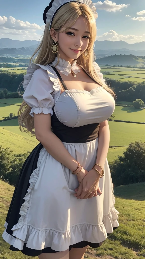 Country music sings about a rural landscape. His calm expression, the shine of the guitar he holds, and the landscape of the countryside behind him are impressive. 8K , HD, highly detailed, realistic, photography, photo realism --ar 9:16 -- at 6.0 --s 750,19 years old, alone, Long Hair, View your viewers, Blonde, Brown eyes, gem, whole body, Realistic, Sexy、Big Breasts 、stockings、clip on earrings,during,bracelet、smile,maid,maid headdress, frill apron