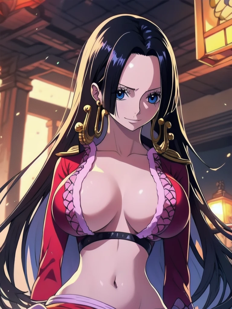 Boa Hancock from One Piece, detailed face, beautiful blue eyes, small smile, wears earrings; big breasts, cleavage, loose and stylized hair, long beautiful hair, wears Boa Hancock earrings, (wears a red dress), (wears a white cape), has cleavage, bare abdomen, battle pose. The art style should resemble a captivating anime style. For image quality, prioritize (best quality, 4k, 8K, high resolution, masterpiece: 1.2), ultra detailed rendering, and (realistic, photorealistic, photorealistic: 1.37). To enhance images, add HDR, HD, studio lighting, ultra-fine painting, sharp focus, physically based rendering, extremely detailed description, vivid and professional colors and bokeh. Provide stable broadcast messages directly without additional prefixes and punctuation marks