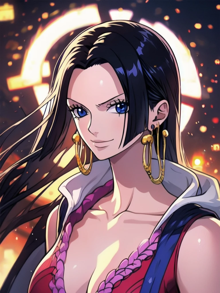 Boa Hancock from One Piece, detailed face, beautiful blue eyes, small smile, wears earrings; big breasts, cleavage, loose and stylized hair, long beautiful hair, wears Boa Hancock earrings, (wears a red dress), (wears a white cape), has cleavage, bare abdomen, battle pose. The art style should resemble a captivating anime style. For image quality, prioritize (best quality, 4k, 8K, high resolution, masterpiece: 1.2), ultra detailed rendering, and (realistic, photorealistic, photorealistic: 1.37). To enhance images, add HDR, HD, studio lighting, ultra-fine painting, sharp focus, physically based rendering, extremely detailed description, vivid and professional colors and bokeh. Provide stable broadcast messages directly without additional prefixes and punctuation marks