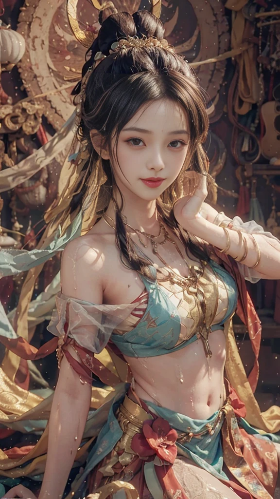 Umbilical cord,(Big breasts:1.2)feature,There is water on the body,Clothes are soaked,very good, Fine fabric texture, Soft, tender, Smooth texture, Dunhuang style, Exquisite pattern, Correct hand drawing, Smile, Tsuri Plum, Surrealism, Ray Tracing, Ultra HD, High Detail, Super Detail, high resolution, 10, high quality, High Detail, Textured Skin, c.professor.