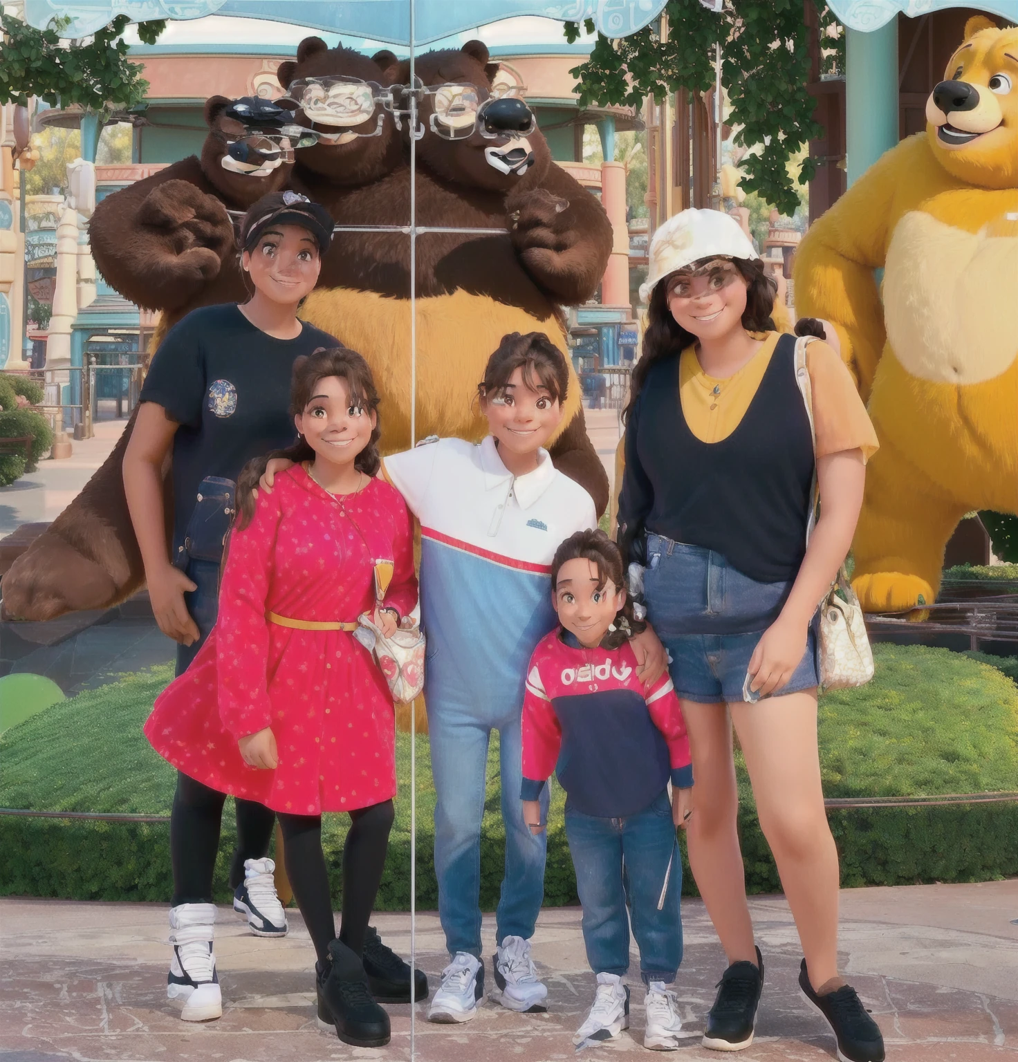 There is a group of people standing in front of a giant bear, In Disney, taken in the early 2020s, family photo, taken in 2 0 2 0, in california adventure, photo taken in 2 0 2 0, trends ，, vacation photo, theme park, disney land, beautiful, carla ortiz, by david rubin, Disneyland, Photo