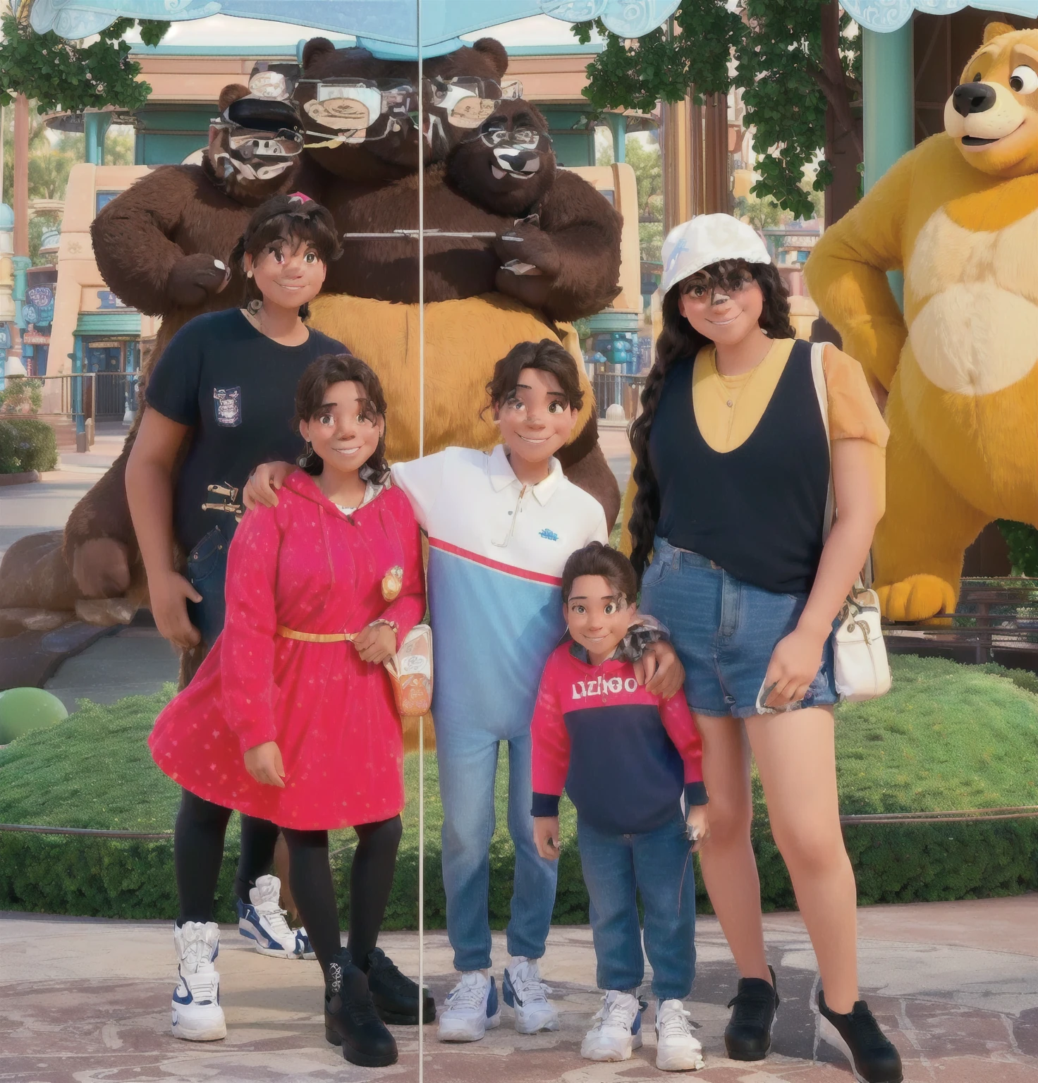 There is a group of people standing in front of a giant bear, In Disney, taken in the early 2020s, family photo, taken in 2 0 2 0, in california adventure, photo taken in 2 0 2 0, trends ，, vacation photo, theme park, disney land, beautiful, carla ortiz, by david rubin, Disneyland, Photo