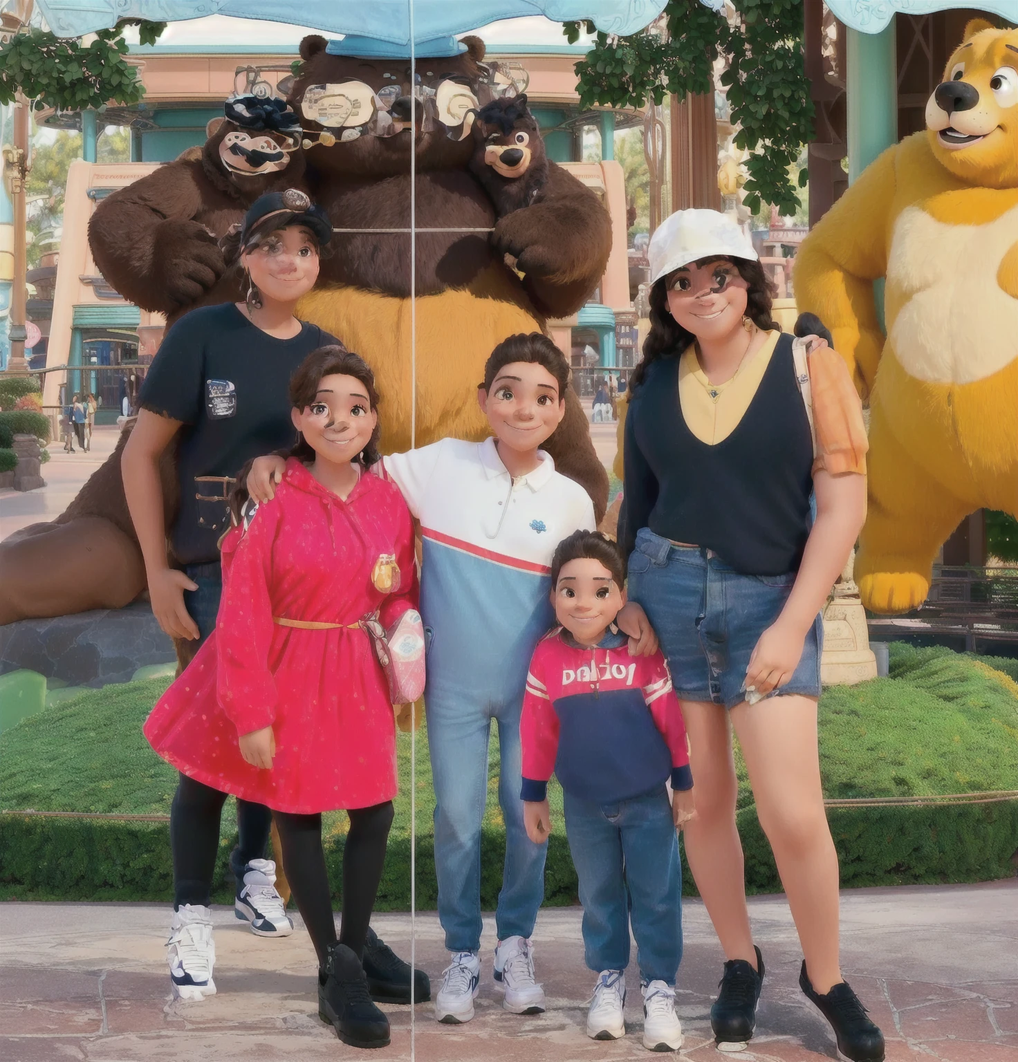 There is a group of people standing in front of a giant bear, In Disney, taken in the early 2020s, family photo, taken in 2 0 2 0, in california adventure, photo taken in 2 0 2 0, trends ，, vacation photo, theme park, disney land, beautiful, carla ortiz, by david rubin, Disneyland, Photo