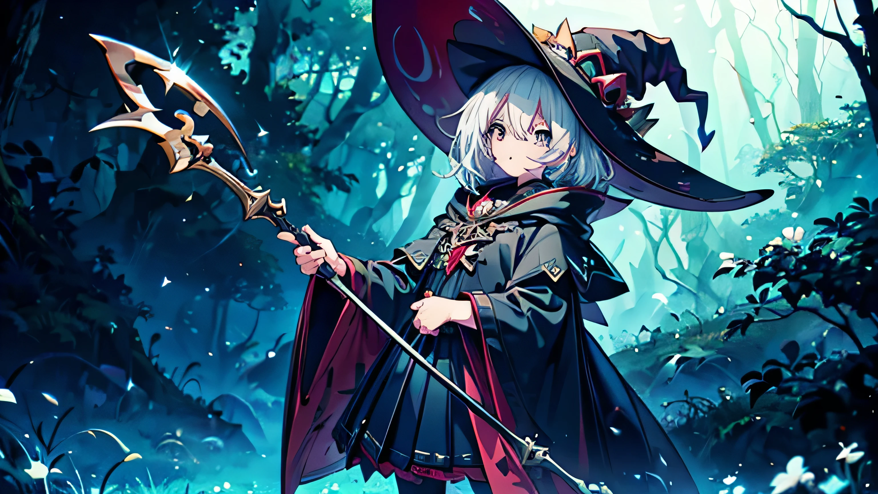 (masterpiece), best quality, Very detailed, A Magus girl with white hair holdding a magical sickle, Witch Hat, Huge Horn, Ruffled skirt, Red and black clothing, sickle, Magic Light, The background is a dark forest