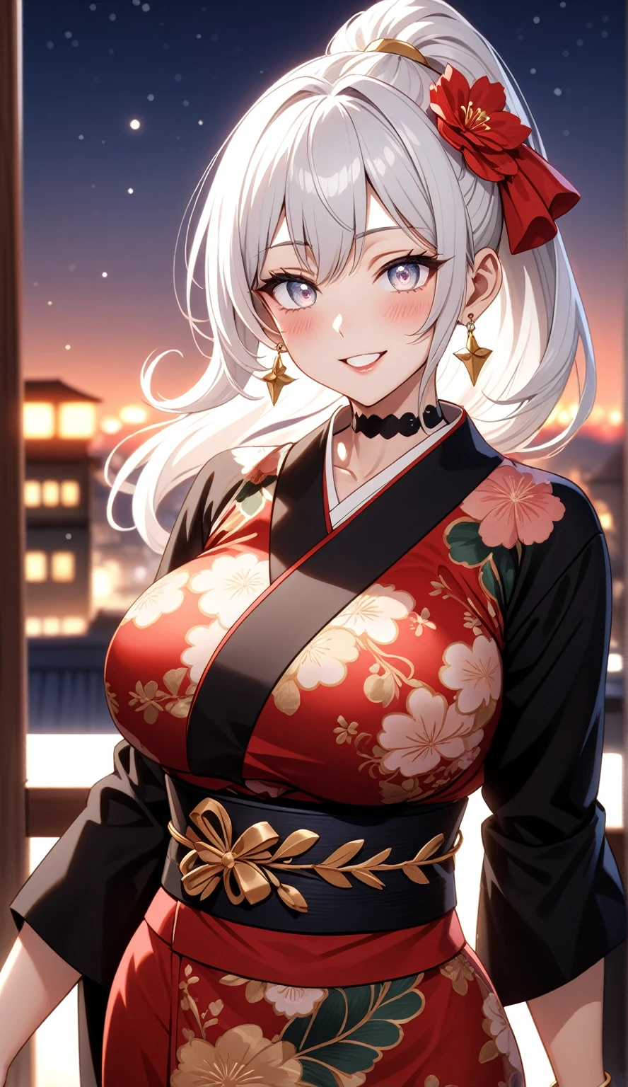 ((One personの女性)), Beautiful Face,Laughing embarrassedly,((Wink:1.9)),Laugh with your mouth wide open, ((Bright red cheeks:1.4)),Glossy red lips,night,rooftop,Festive decorations,You can see the ocean, firework,Lighting on the face,((Anime style background)),masterpiece, Highest quality, so beautiful,Latest, Complex details, (Pink long nails),(ring),(bracelet),(Golden choker),AI-generated, Complex,High resolution, Highest quality, super high quality,3D Images、looking outside、3D Images,One person,Long white hair,High Ponytail,(blue eyes),Anime woman posing for a photo, ((Fine grain、Silvery white colorful eyes、Shining Eyes:1.4)),(Squint your eyes:1.1),a hyperRealistic , hyperRealistic , Realistic,Anime woman with long and white hair, Smooth anime CG art, A woman in a colorful kimono with gold embroidery, (Black long sleeve kimono),Red floral pattern,Long flower hair ornament,Big earrings,Mature Body,(Big Breasts:1.1),Tall,Abdominal muscles,Narrow waist,(Zoom in on face:1.8),Photographed from the front