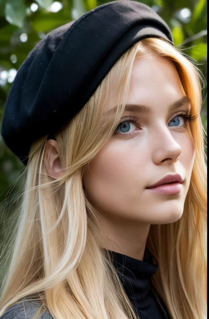 young and pretty girl; long orange blonde hair, loose wavy hair, slightly disheveled hair and ,very long; bright green eyes; White skin, elongated face; 160 cm tall; Delgado; black cap; young and full B cup breasts; Image section from head to waist.; farm and nature in the background; with one hand he wraps a strand of hair around his index finger; The camera is slightly above her and she looks innocently..