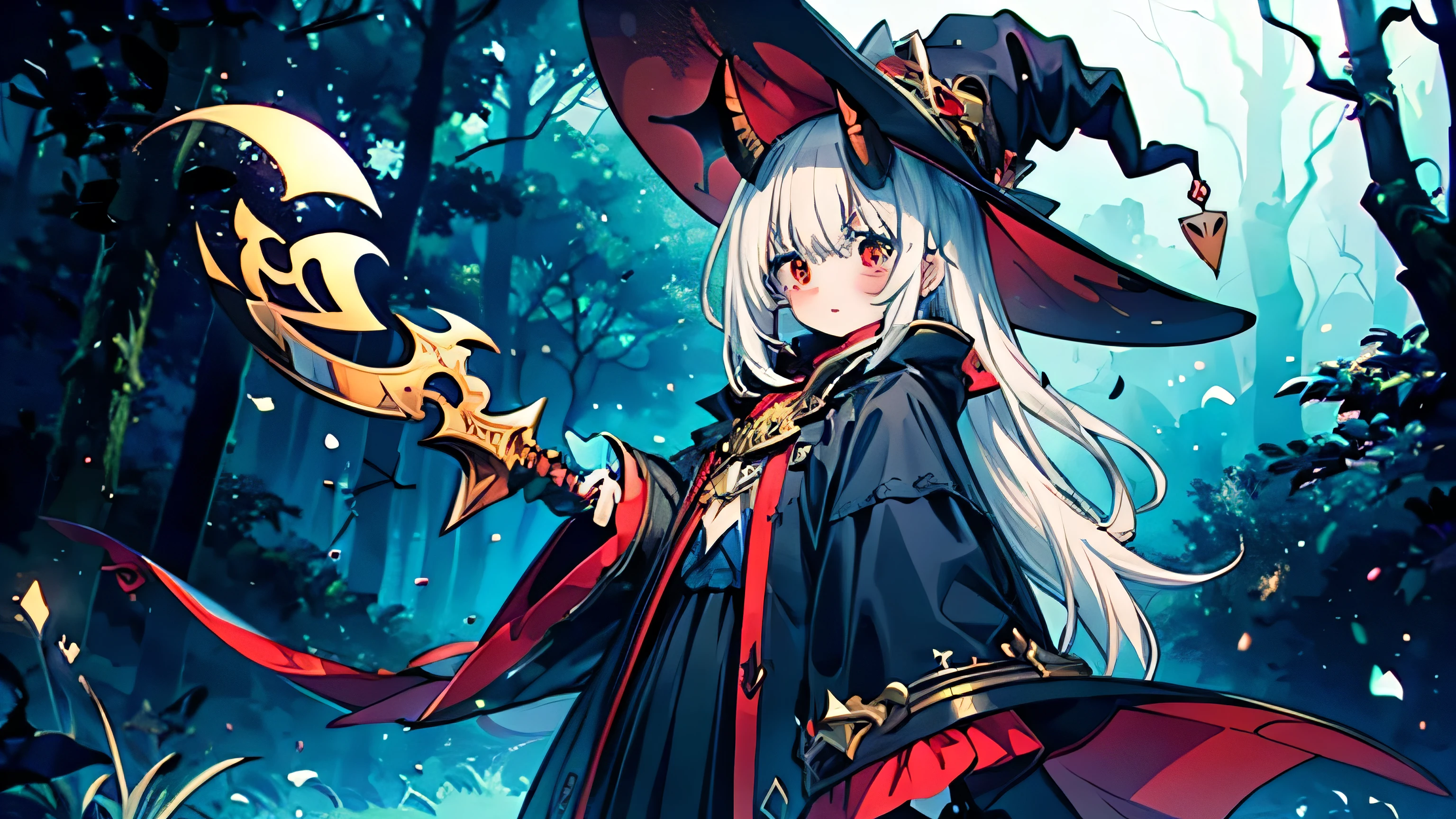 An anime poster featuring a dark magical girl, young and dangerous, white medium-long hair, curly hair hanging down, upper body witch robes, delicate witch hat, skull jewelry and necklace decoration, lean figure, three-dimensional facial features, fierce and fierce eyes, delicate skull staff in left hand, green flame glowing skull in right hand, large number of blue skull soul surrounding, flowing special effects, red background, demonic art, real human skull, manga style art, light red and light black, action painting