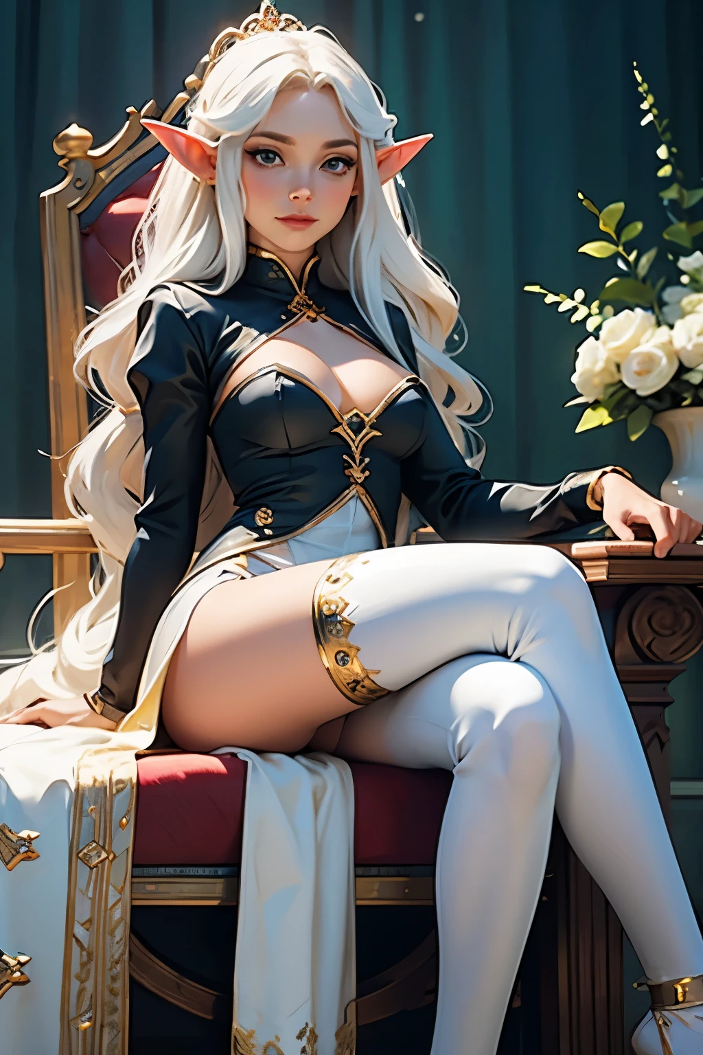 (work of art, best qualityer, sfw, por Sasha Khmel), 1 MATURE WOMAN, fully body; detailedeyes, long white hair, elf ears, wizard outfit with decoration,Breasts huge, palace, impressionist scene sitting on a throne ,looking the viewer