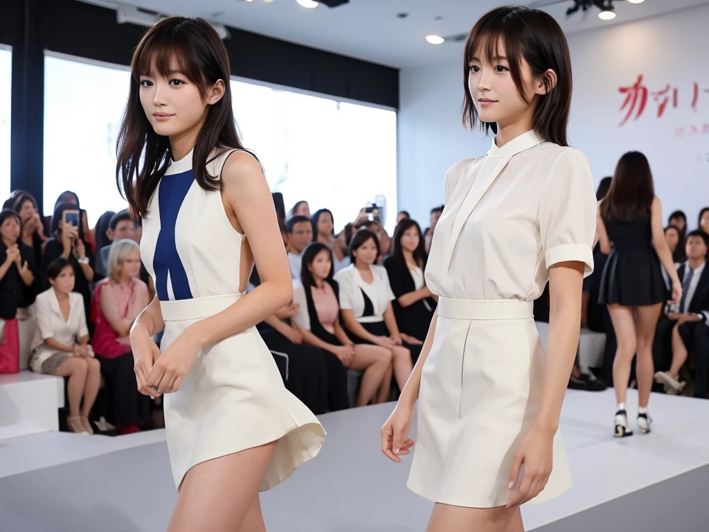 A live-action photo of an extremely beautiful Japanese high school girl race queen who highlights her large breasts and beautiful legs.、Photographed walking down the runway at a fashion show wearing the latest oysho lingerie.、She is an eternal idol who combines a clean look with modern charm.。 She creates such beauty。 She feels her own warmth。 She creates a warm atmosphere。 We create beauty。 That's what I want to say。 In her full body photo、The figure features porcelain-like skin and golden hair that radiates a soft glow.。 This is probably、It captured the essence of her timeless charm.、This is the best shot ever.。 Each straight line and curve is carefully expressed.、Breathtakingly beautiful with impeccable detail。 This piece perfectly captures her timeless beauty.。 Divine Proportions、Sharp focus、Full-body photo taken by Kishin Shinoyama、high quality、High resolution、Detailed Background