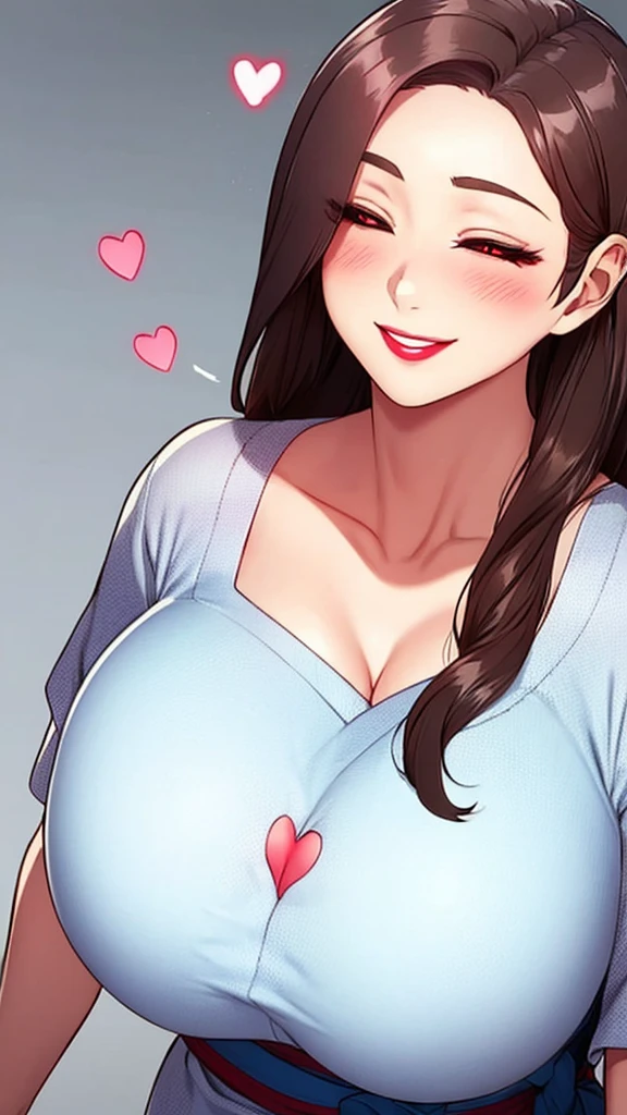 1 Girl,single,Long hair,breast,Looking at the audience,Blush,Smile,Simple background,Brown hair,Red eyes,White background,Cleavage,Upper body,heart,Close your eyes,Japanese Clothing,Red Cliff,Hair covers the eyes,make up,Lipstick,Red lips