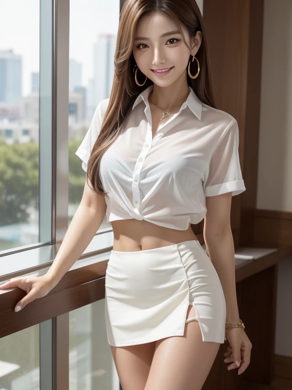 8K, Tabletop, RAW Photos, Highest quality, Realistic, 非常に詳細な CG Unity 8K 壁紙, (Very beautiful face, Beautiful Lips, Beautiful Eyes), Exquisitely detailed face, ((Highly detailed skin)) One Girl, Cute Korean Girl, K-Pop Idols, 1 Girl, (Very slim and slender fit muscular body:1.3), ((View your viewers)),(Big smile:1.3), Beautiful earrings, bracelet, necklace, pantyhose, Clear Eyes, (Tan Skin), (Big eyes), Look forward, (Brown long hair), (Full Body Shot), ((See-through shirt)), ((White business shirt)), , (View your viewers:1.3) Open chest, Very slim, huge , (((Tight mini skirt))), Thick thighs, Nature background、