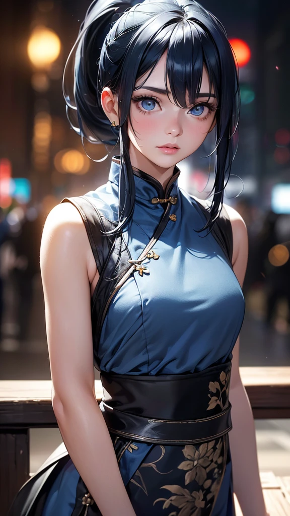(best quality,4k,8k,highres,masterpiece:1.2),ultra-detailed,(realistic,photorealistic,photo-realistic:1.37),HDR,UHD,studio lighting,ultra-fine painting,sharp focus,physically-based rendering,extreme detail description,professional,vivid colors,bokeh,portraits,anime,photography,pink tones,warm lighting 1girl, solo, detailed eyes, detailed lips, extremely detailed eyes and face, long eyelashes, long dark blue hair in a ponytail with side bangs, small , in an blue and black short cheongsam,