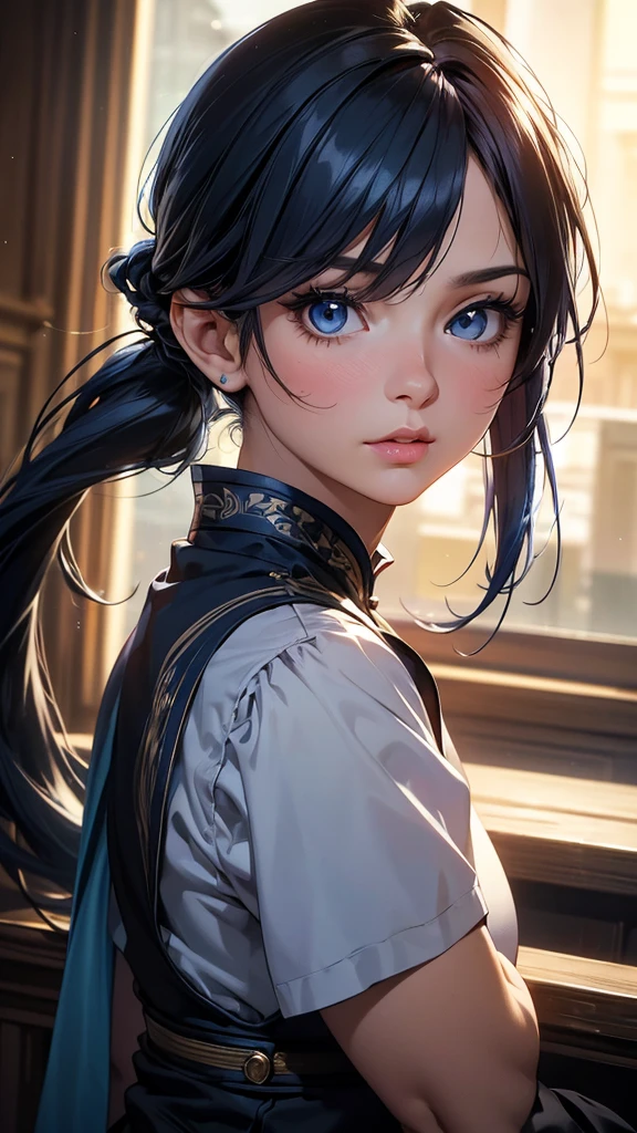 (best quality,4k,8k,highres,masterpiece:1.2),ultra-detailed,(realistic,photorealistic,photo-realistic:1.37),HDR,UHD,studio lighting,ultra-fine painting,sharp focus,physically-based rendering,extreme detail description,professional,vivid colors,bokeh,portraits,anime,photography,pink tones,warm lighting 1girl, solo, detailed eyes, detailed lips, extremely detailed eyes and face, long eyelashes, long dark blue hair in a ponytail with side bangs, small , in an blue and black short cheongsam,