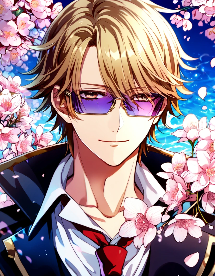 Ultra detailed, highres, absurdres, HDR, master piece, Kusanagi Izumo, short hair, dark blonde hair that has bangs hanging on the left side, without bangs, expressivee hazel eyes, black jacket, white shirt, red necktie, purple rectangle sunglasses, K Project, fantasy, pink petals, water, pink flowers, handsome, sexy man, solo, magical, best quality, blossoms, handsome smile, blue shining fireflies