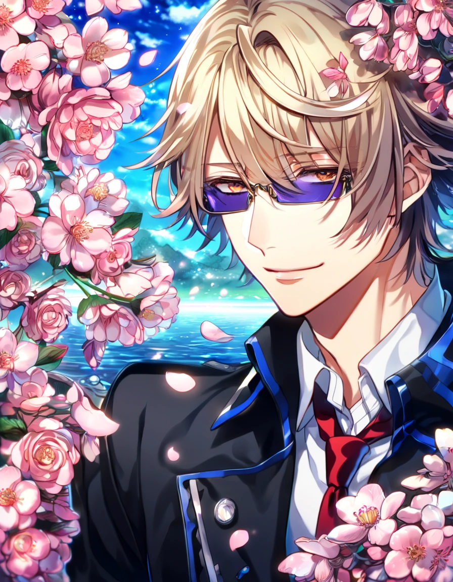 Ultra detailed, highres, absurdres, HDR, master piece, Kusanagi Izumo, short hair, dark blonde hair that has bangs hanging on the left side, without bangs, expressivee hazel eyes, black jacket, white shirt, red necktie, purple rectangle sunglasses, K Project, fantasy, pink petals, water, pink flowers, handsome, sexy man, solo, magical, best quality, blossoms, handsome smile, blue shining fireflies