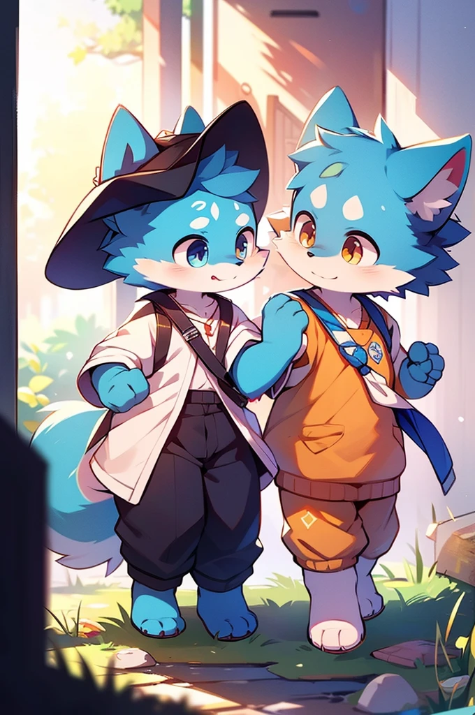 Blue fur, Canine, fox motif, Couple of girls and boys, uniform、Holding hands，One boy，One girl，