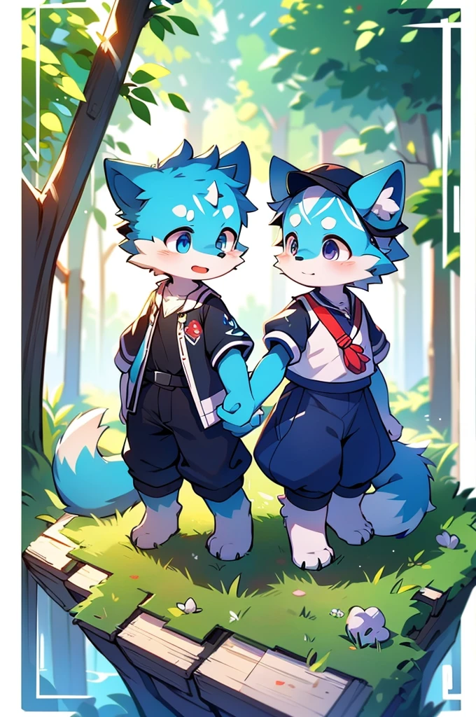Blue fur, Canine, fox motif, Couple of girls and boys, uniform、Holding hands，One boy，One girl，