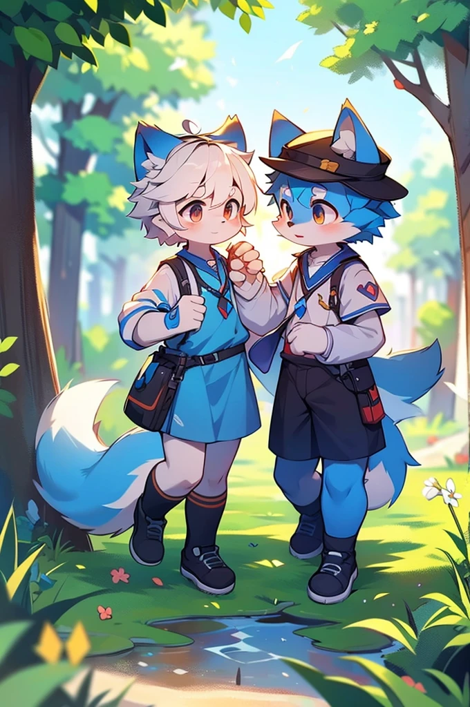 Blue fur, Canine, fox motif, Couple of girls and boys, uniform、Holding hands，One boy，One girl，