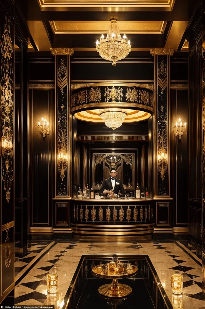 ballroom in the luxurious and dazzling universe of the 1920s. An art deco bar stretched the entire east wall, the black lacquer and gleaming gold carvings as well as the bottles of exquisite drinks on the shelf behind him